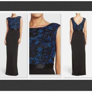 NEW Aidan Mattox Embroidered Lace and Jersey Gown Black/Blue Size 2
